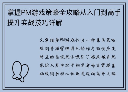 掌握PM游戏策略全攻略从入门到高手提升实战技巧详解